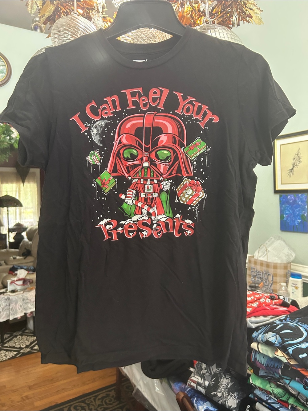 Funko Black Graphic Tee with Red and Green Holiday Vader
